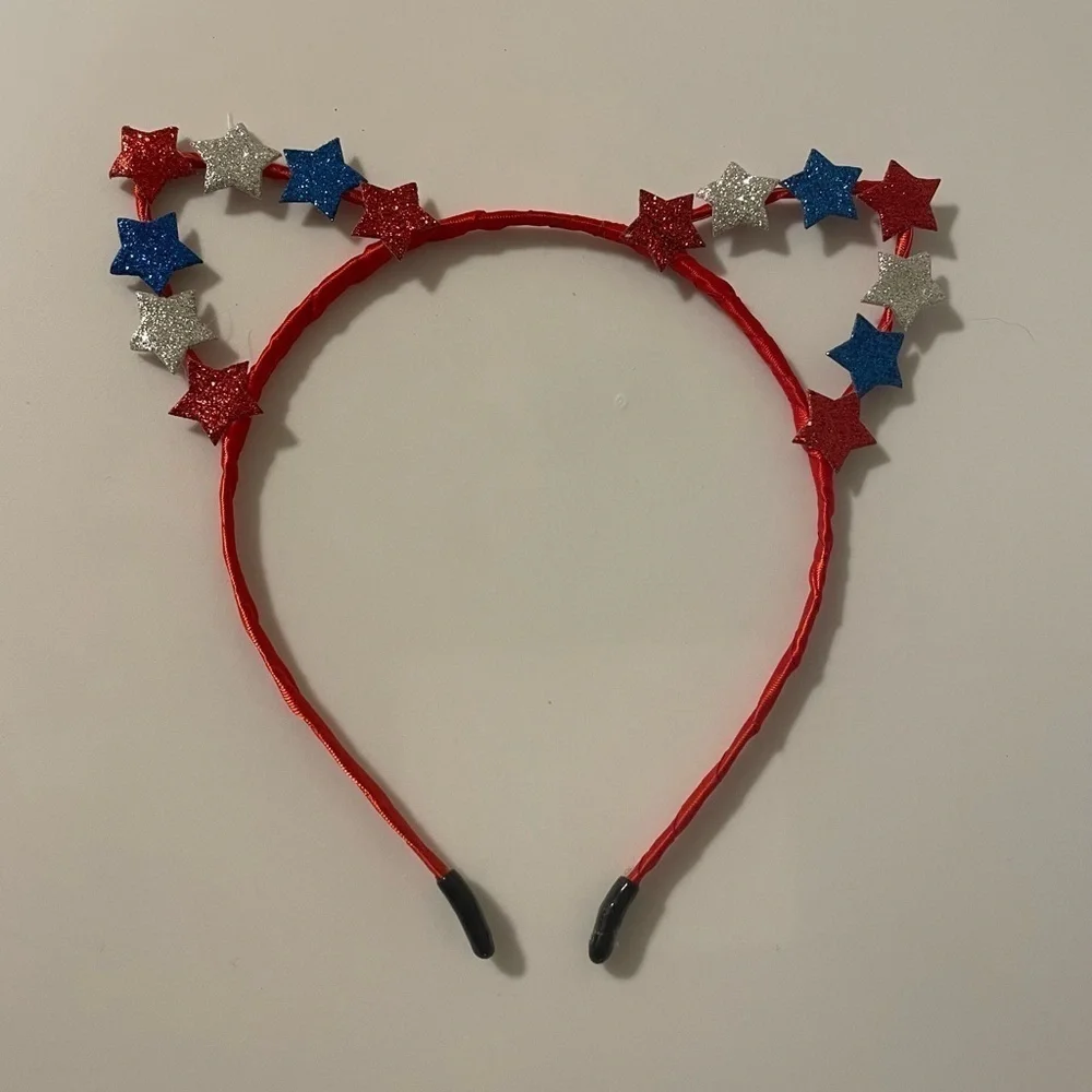 Red Blue Silver Glittery Tiny Stars White Wire Cat Ear July 4th Headbands 2Pc